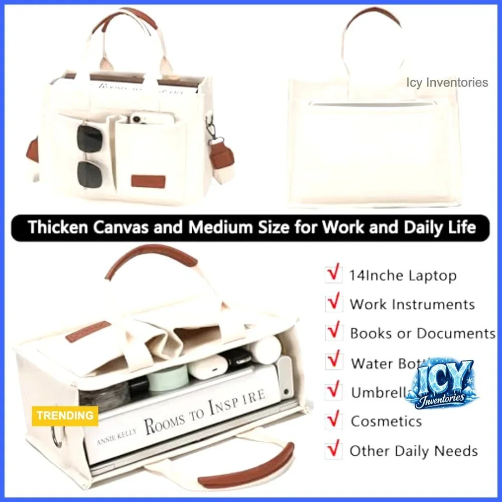 Canvas Tote Bag with Laptop Compartment and Adjustable Strap